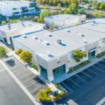 Overhead view of commercial buildings