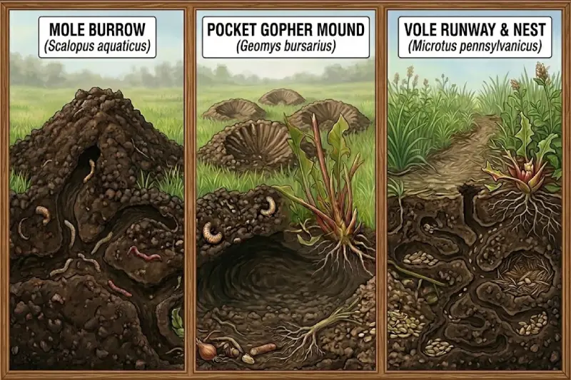 comparison of nests of common burrowing animals in missouri for help identifying moles, gophers, voles