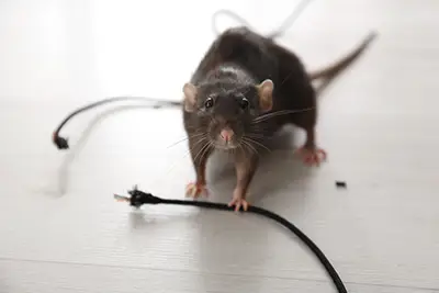 A dark gray rat standing next to a chewed wire on the floor. Rodent prevention is an important part of rodent extermination and control.