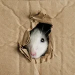 Rodent sticks head out of a hole in a box it ate through